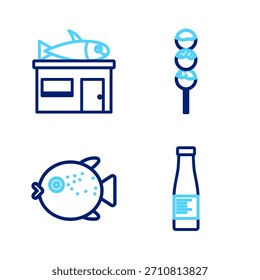 Set line Sauce bottle, Puffer fish, Takoyaki on stick and Seafood store icon. Vector