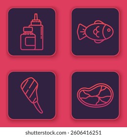 Set line Sauce bottle, Rib eye steak, Fish and Steak meat. Blue square button. Vector