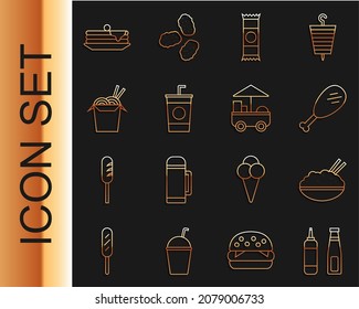 Set line Sauce bottle, Rice in bowl with chopstick, Chicken leg, Chocolate bar, Paper glass straw, Asian noodles and chopsticks, Stack of pancakes and Fast street food cart icon. Vector