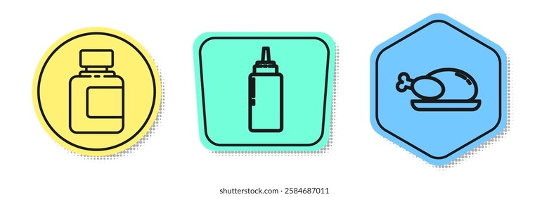 Set line Sauce bottle, Sauce bottle and Roasted turkey or chicken. Colored shapes. Vector