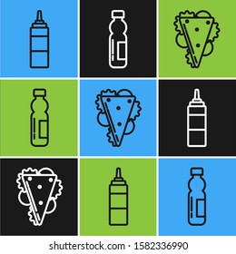Set line Sauce bottle, Sandwich and Bottle of water icon. Vector