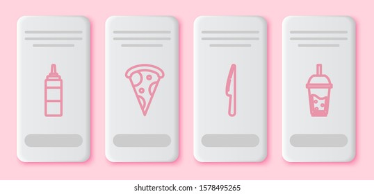 Set line Sauce bottle, Slice of pizza, Knife and Glass of lemonade with drinking straw. White rectangle button. Vector