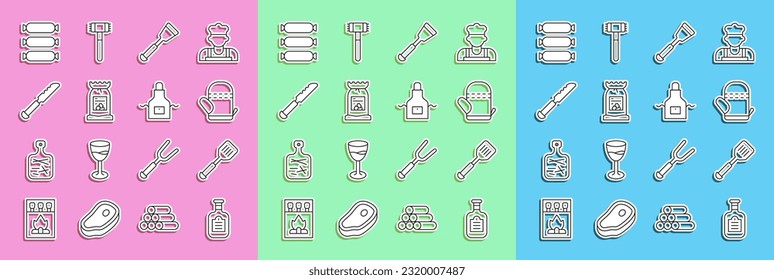 Set line Sauce bottle, Spatula, Oven glove, Barbecue coal bag, Bread knife, Sausage and Kitchen apron icon. Vector