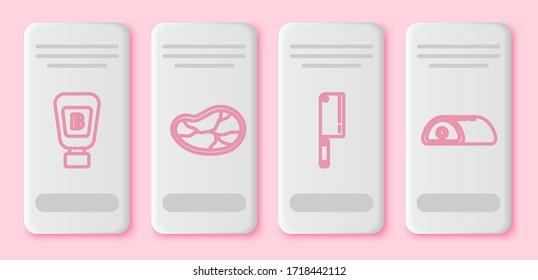 Set line Sauce bottle, Steak meat, Meat chopper and Meat. White rectangle button. Vector
