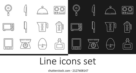 Set line Sauce bottle, Teapot, Covered with tray, Knife, Microwave oven, Frying pan, Measuring cup and icon. Vector