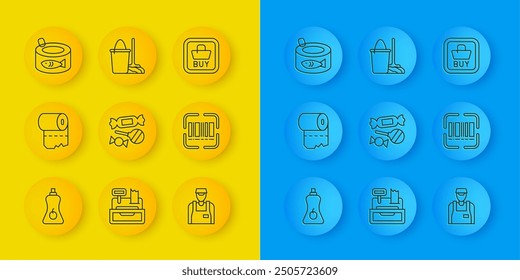 Set line Sauce bottle, Toilet paper roll, Candy, Seller, Scanner scanning bar code, Canned fish, Buy button and Mop bucket icon. Vector