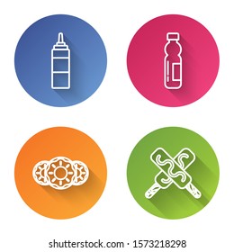 Set line Sauce bottle, Bottle of water, Donut with sweet glaze and Ice cream. Color circle button. Vector