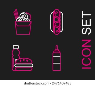 Set line Sauce bottle, Bottle of water and burger, Hotdog sandwich with mustard and Asian noodles in paper box chopsticks icon. Vector