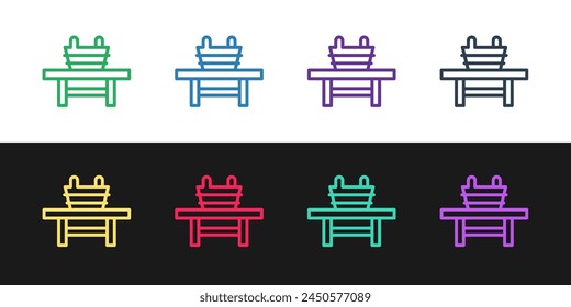 Set line Sauna bench with bucket icon isolated on black and white background.  Vector