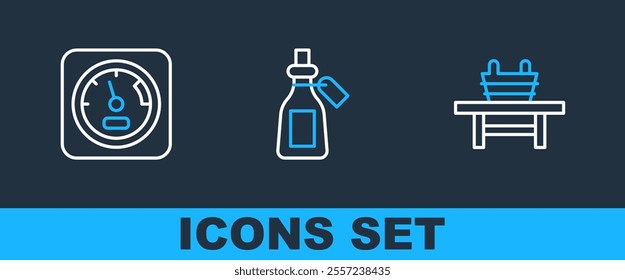 Set line Sauna bench with bucket, thermometer and Essential oil bottle icon. Vector