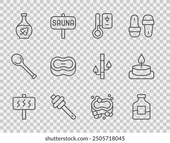 Set line Sauna, Bottle of vodka, thermometer, Honey dipper stick, Essential oil bottle, Bar soap,  and Aroma candle icon. Vector