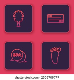 Set-Line Sauna Besen, Spa-Salon, Handtuchpaket und Fußmassage. Blauer quadratischer Knopf. Vektorgrafik