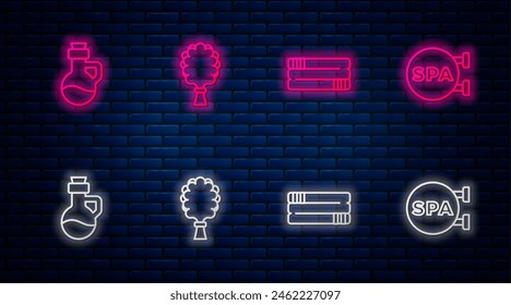 Set line Sauna broom, Towel stack, Essential oil bottle and Spa salon. Glowing neon icon on brick wall. Vector
