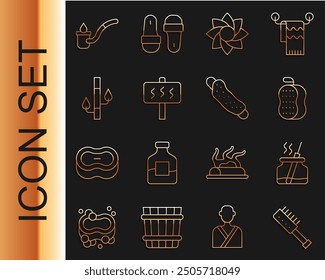 Set line Sauna brush, Aroma diffuser, Washcloth, Flower, Bamboo, ladle and  icon. Vector