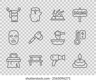 Set line Sauna brush, Aroma candle, Campfire, wood bench, Towel on hanger, Wooden axe, Hair dryer and thermometer icon. Vector