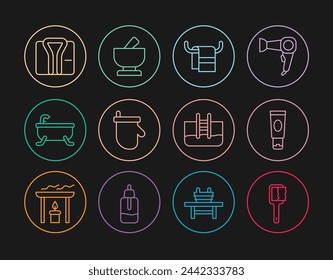 Set line Sauna brush, Cream or lotion cosmetic tube, Towel hanger, mittens, Bathtub, Bathrobe, Swimming pool with ladder and Mortar and pestle icon. Vector