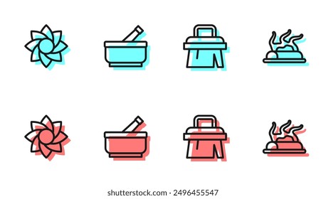 Set line Sauna brush, Flower, Mortar and pestle and Campfire icon. Vector