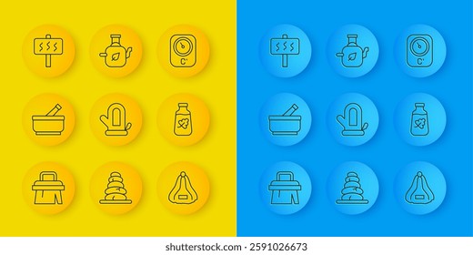 Set line Sauna brush, Mortar and pestle, mitten, hat, Essential oil bottle, thermometer and Teapot with leaf icon. Vector