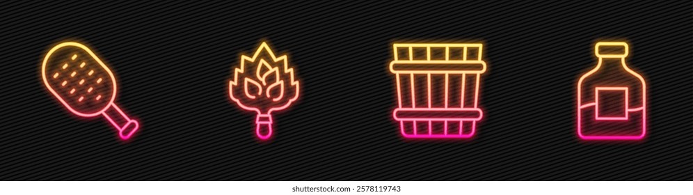 Set line Sauna bucket, brush, broom and Bottle of vodka. Glowing neon icon. Vector