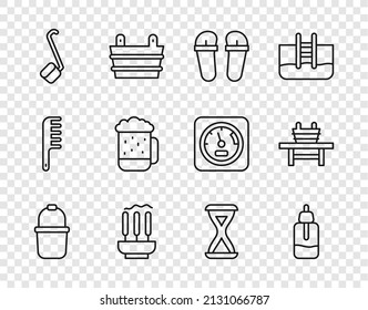 Set Line Sauna Bucket, Essential Oil Bottle, Flip Flops, Incense Sticks, Ladle, Wooden Beer Mug, Hourglass And Bench With Icon. Vector