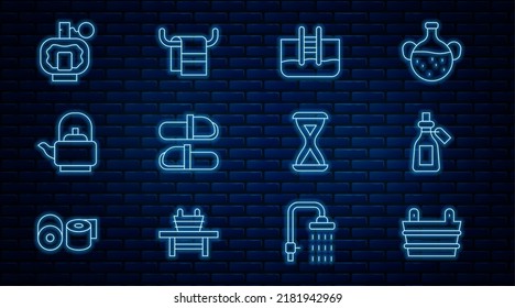 Set line Sauna bucket, Essential oil bottle, Swimming pool with ladder, slippers, Kettle handle, Aftershave, hourglass and Towel on hanger icon. Vector