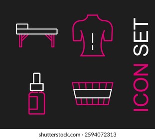 Set line Sauna bucket, Essential oil bottle, Massage and table icon. Vector