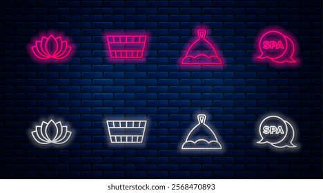 Set line Sauna bucket, hat, Lotus flower and Spa salon. Glowing neon icon on brick wall. Vector