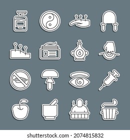Set line Sauna bucket and ladle, Syringe, Massage, Acupuncture therapy, Ointment cream tube, Bottle of liquid soap and Oil bottle icon. Vector