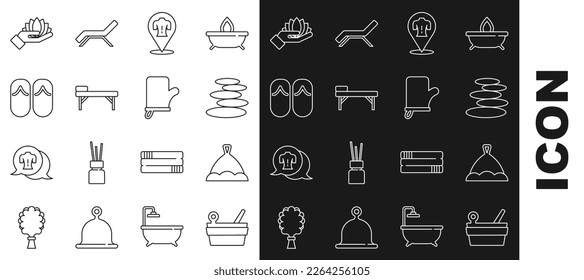 Set line Sauna bucket and ladle, hat, Stack hot stones, Massage, table, Flip flops, Lotus flower and mittens icon. Vector