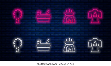 Set line Sauna bucket and ladle, Aroma candle, broom and Massage with aroma oils. Glowing neon icon on brick wall. Vector