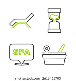 Set line Sauna bucket and ladle, Spa salon, Old hourglass and Sunbed umbrella icon. Vector