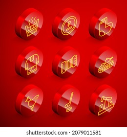 Set line Sauna bucket, Rouble, ruble currency, Valenki, Kosovorotka, Accordion, Military tank, Cockerel lollipop and Ice hockey stick and puck icon. Vector