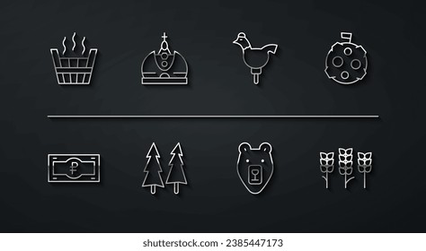 Saunaeimer, Russischer Rubel Banknote, Mond mit Fahne, Bärenkopf, Weihnachtsbaum, King Kronen, Weizen und Cockerel Lollipop Symbol. Vektorgrafik