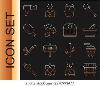 Set line Sauna bucket, Shower, Mortar and pestle, Wooden log, Oak leaf, brush, Hair dryer and Bathroom scales icon. Vector
