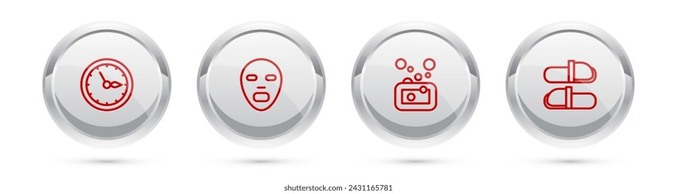 Set line Sauna clock, Facial cosmetic mask, Bar of soap and slippers. Silver circle button. Vector