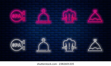 Set line Sauna hat, Massage, Spa salon and . Glowing neon icon on brick wall. Vector