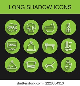 Set line Sauna hat, Towel on hanger, Spa salon, Sunbed and umbrella, Essential oil bottle, thermometer and Massage table icon. Vector