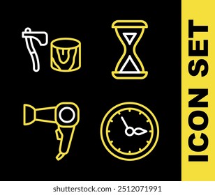 Set line Sauna reloj de arena, reloj, secador de pelo y hacha de madera en el icono del tocón. Vector