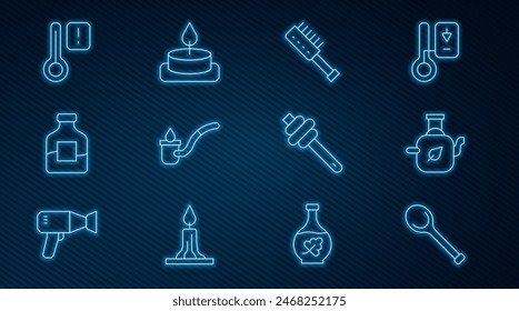 Set line Sauna ladle, Teapot with leaf, brush, Bottle of vodka, thermometer, Honey dipper stick and Aroma candle icon. Vector