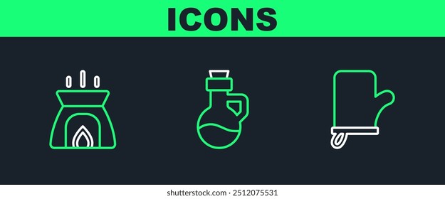 Set line Sauna mittens, Aroma candle and Essential oil bottle icon. Vector