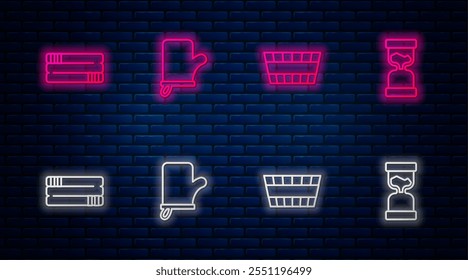 Set line Sauna mittens, bucket, Towel stack and Old hourglass. Glowing neon icon on brick wall. Vector