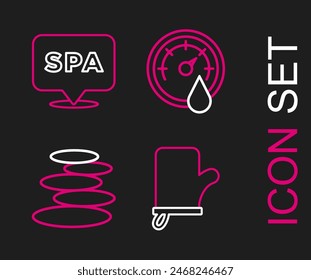 Set line Sauna mittens, Stack hot stones, thermometer and Spa salon icon. Vector