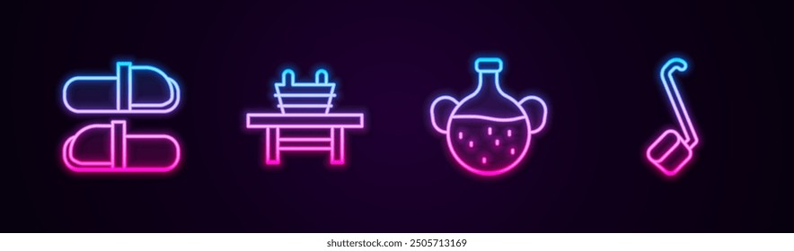Set line Sauna slippers, bench with bucket, Essential oil bottle and ladle. Glowing neon icon. Vector