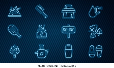Set line Sauna slippers, Oak leaf, brush, Aroma diffuser, Campfire,  and  icon. Vector