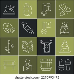 Set line Sauna slippers, Stack hot stones, Aroma diffuser, thermometer, Washcloth, Lemon, Campfire and  icon. Vector