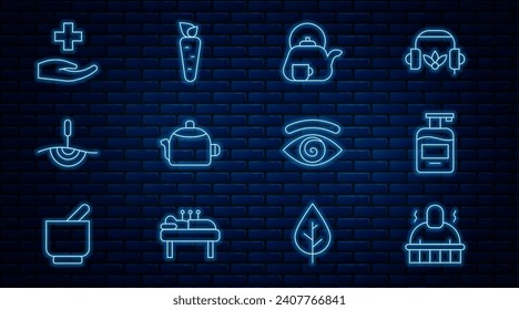 Sauna und Spa-Behandlungen, Flasche Flasche Flüssigseife, Teekanne mit Becher, Kettelgriff, Akupunkturtherapie, Krankenhausdurchweg, Hypnose und Karottensymbol. Vektorgrafik