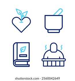 Set line Sauna and spa procedures, Medical book, Mortar pestle and Heart icon. Vector
