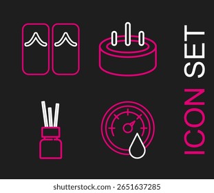 Definir linha Termômetro de Sauna, difusor de Aroma, Piscina com escada e Flip flops ícone. Vetor