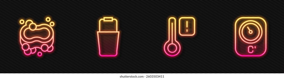 Set line Sauna thermometer, Bar of soap, bucket and . Glowing neon icon. Vector