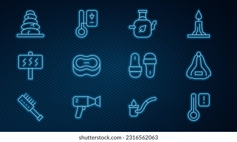 Set line Sauna thermometer, hat, Teapot with leaf, Bar of soap, Stack hot stones, slippers and  icon. Vector